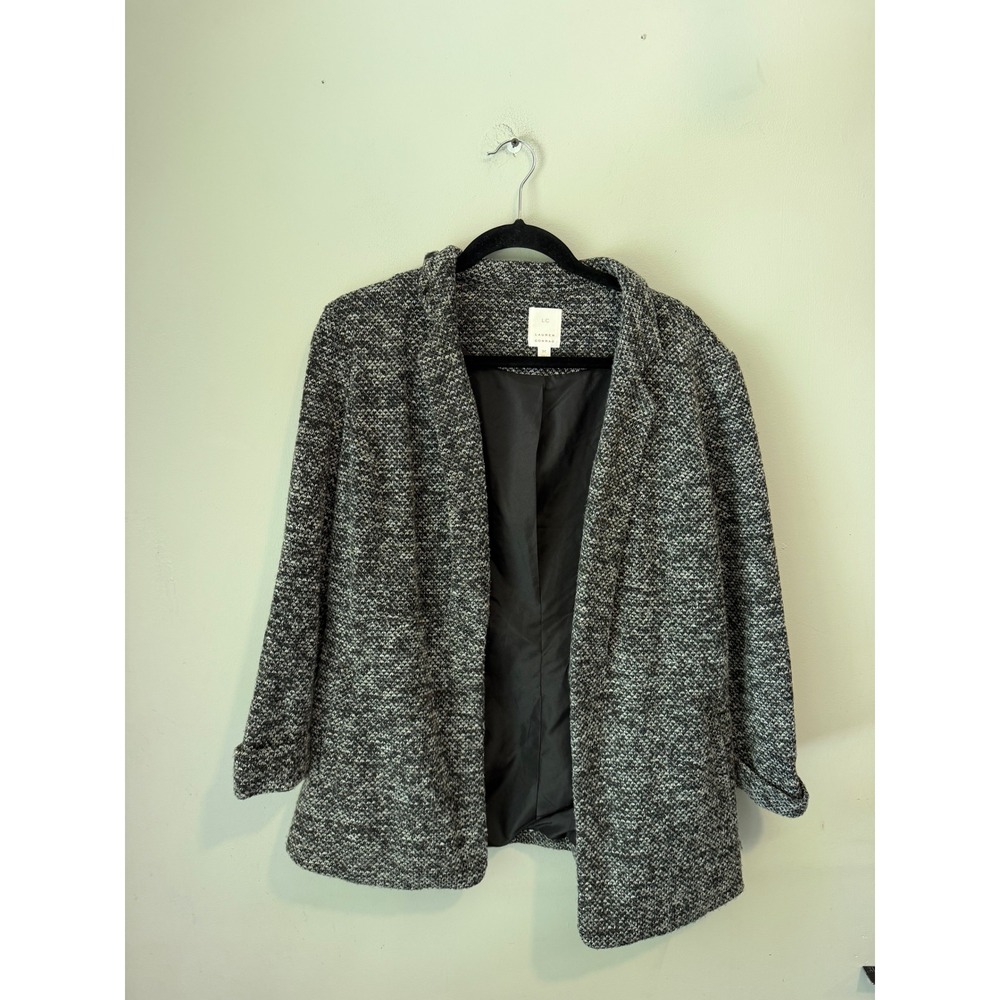 Lauren Conrad Black White Marled Knit Open Front Blazer Jacket Womens Medium